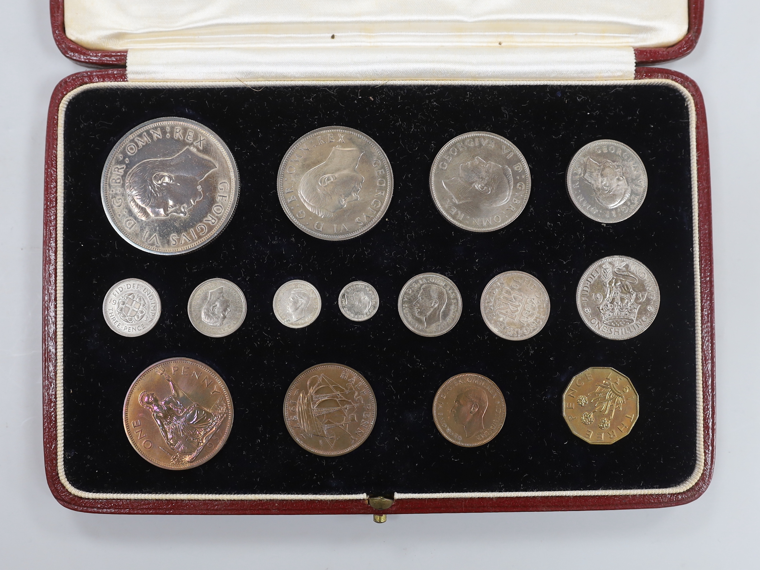 A cased George VI 1937 coronation specimen coin set, Including maundy 1d - 4d, and farthing through to crown, 15 coins